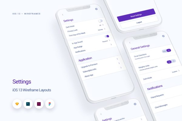 iOS13设计规范之设置UI界面设计线框图精选 Settings – iOS 13 Wireframe Kit