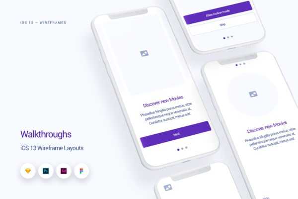 iOS13设计规范之业务流程UI界面设计线框图精选 Walkthroughs – iOS 13 Wireframe Kit