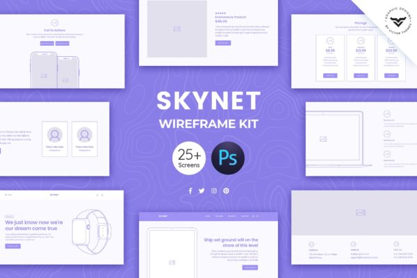 25+网站设计线框图精选设计套件PSD模板 Skynet Web Wireframe Kit
