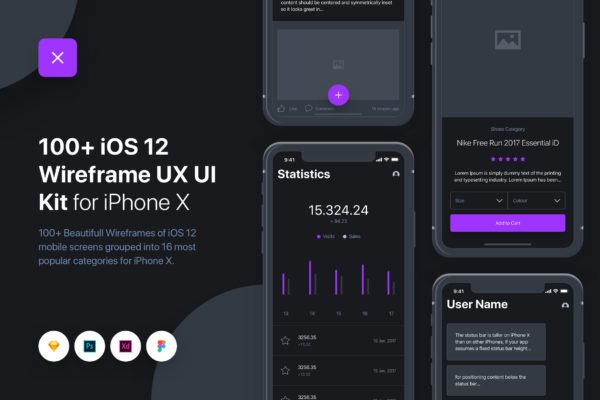 iOS应用设计开发线框图精选UI/UX设计套件 UIXO – iOS 12 Wireframe UI & UX Kit – iPhone X
