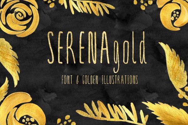 修长手写英文艺术无衬线创意字体精选 SERENA gold. Font & golden flowers.