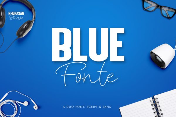 钢笔细线书法创意字体精选&粗体无衬线英文创意字体精选 Blue Fonte Font Duo