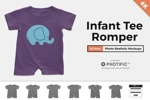 婴儿连体短袖T恤样机设计模板素材 Infant Tee Romper Mockups