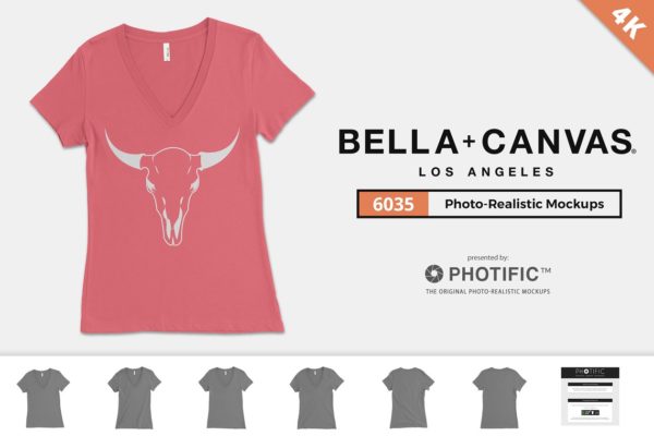深V短袖T恤样机设计模板素材 Bella Canvas 6035 Deep-V Mockups