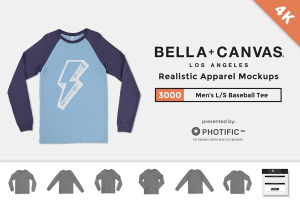 长袖篮球帆布T恤样机设计模板素材 Bella Canvas 3000 Baseball Tee