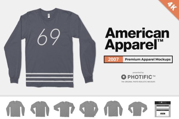 罗纹收口袖长袖T恤样机设计模板素材 American Apparel 2007 Shirt Mockups