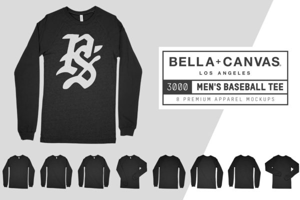 长袖篮球T恤服装样机设计素材 Bella Canvas 3000 Baseball Tee Mocks