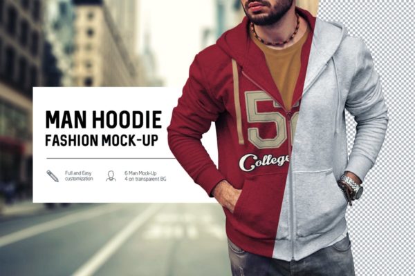 男士拉链卫衣上身效果样机设计模板素材 Man Hoodie Fashion Mock-Up