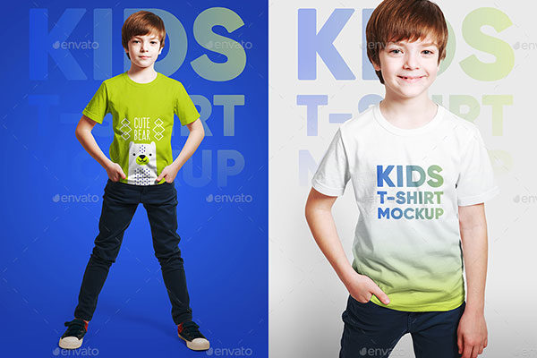 男女混合童装T恤展示样机 Mixed Kids T-Shirt Mockups [psd]