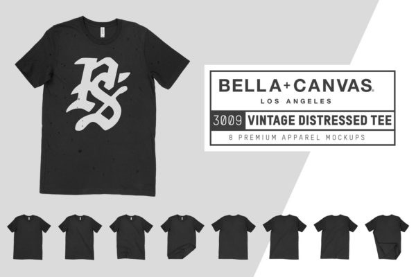 黑色印花T恤服装样机设计素材 Bella Canvas 3009 Distressed T-Shirt