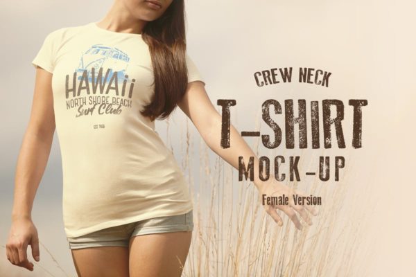 女性时尚圆领印花T恤服装样机设计素材 Crew Neck T-shirt Mock-up Female Version