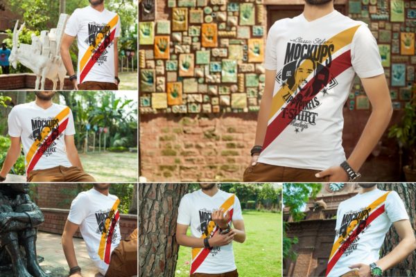 时尚男士V领T恤印花设计服装样机设计素材 Stylish V-Neck T-Shirt Mockups