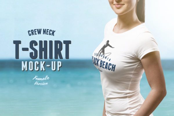 圆领T恤性感模特上身效果样机设计模板素材 Crew Neck T-shirt Mock-up Female Version