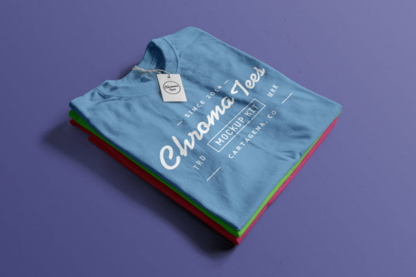 折叠整齐的T恤胸前印花图案设计样机04 Stack of Folded T-Shirts Mockup 04