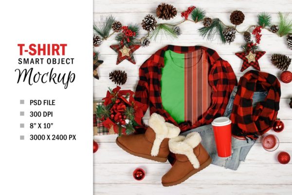 圣诞节T恤平铺展示样机设计模板素材 Christmas T-Shirt Mockup Flatlay Photoshop PSD