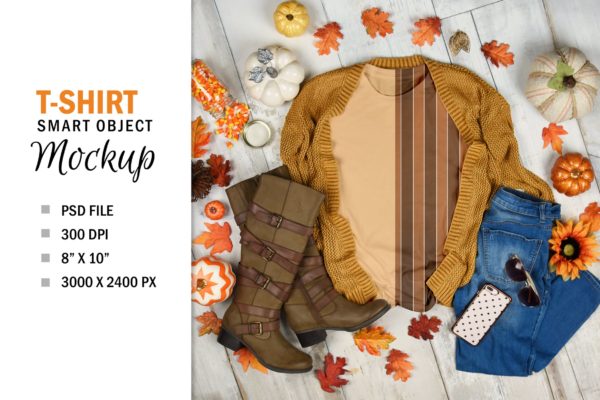 秋装T恤平铺展示效果图PSD样机设计模板素材 Fall T-Shirt Mockup Flatlay Display Photoshop PSD