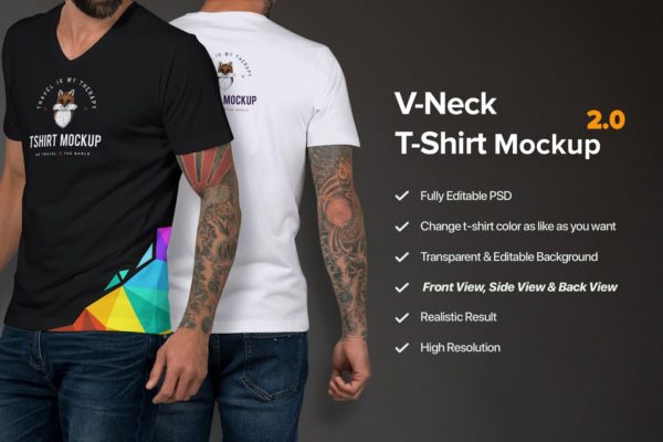 男士V领T恤设计模特上身服装效果图样机设计模板素材 T-shirt Mockup