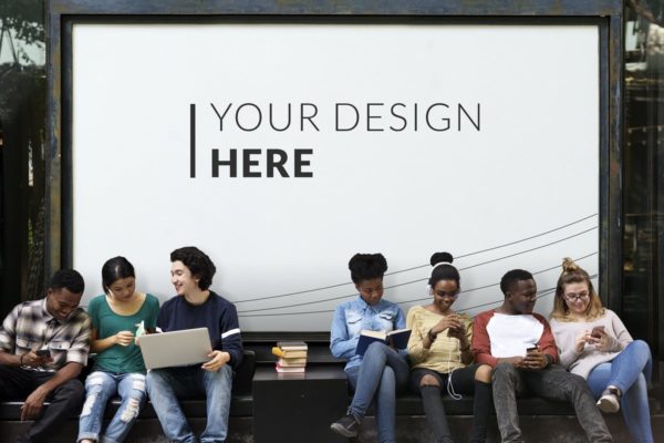 校园巨幅户外广告牌设计样机设计模板素材 People Students Togetherness Technology Mockup