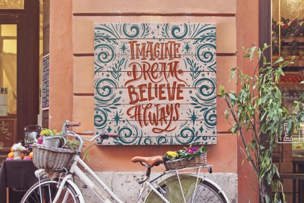 实木手工绘制告示牌设计效果图样机素材 Bike Duo Signboard Mockup