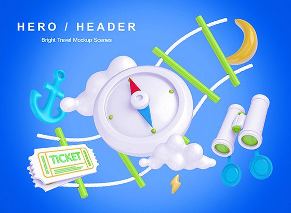 阳光灿烂的旅行卡通风格场景样机设计模板 Bright Travel Mockup Scenes