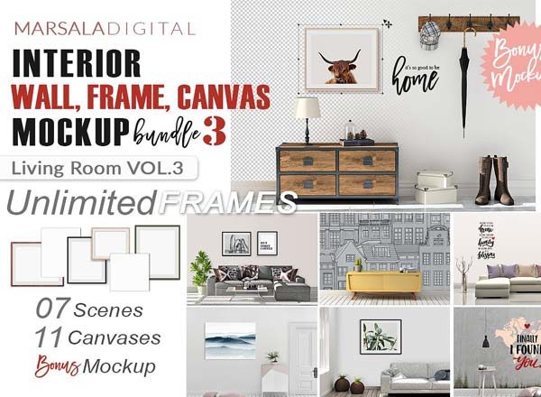 第一素材下午茶：各种各样的室内场景装饰画展示画框模型文件[PSD]