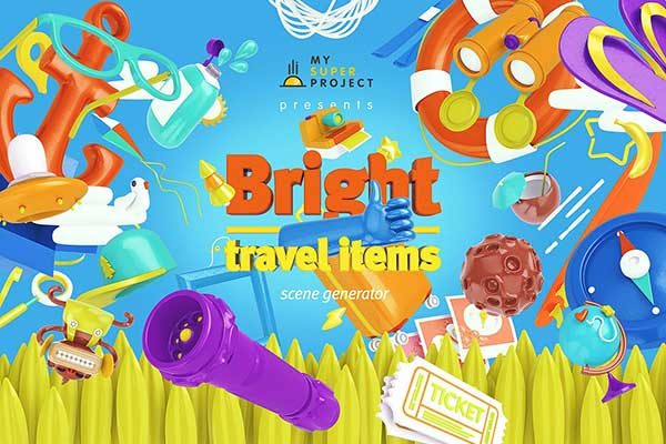 Bright Travel Items Scene Generator卡通风格的旅游物品展示样机文件 1.38 GB[psd]