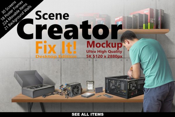 5K高清分辨率电脑修理场景样机设计模板 Scene Creator 5K FIX IT Desk Edition