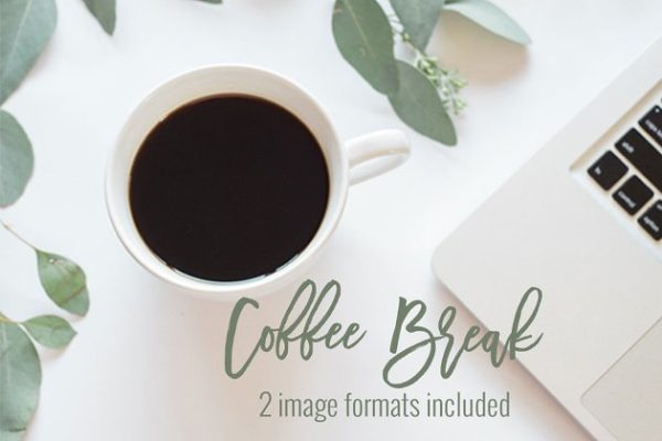 笔记本电脑，咖啡&桉叶场景样机设计模板 Coffee, Laptop  & Eucalyptus | Stock