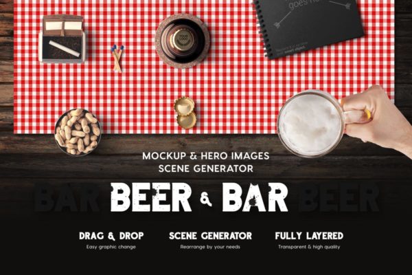 啤酒样机&酒吧巨无霸场景样机设计模板 Beer & Bar Mockup & Hero Images Scene Generator