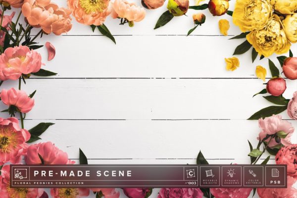 牡丹花饰场景样机设计模板 Floral Peonies Mockup Scene #003