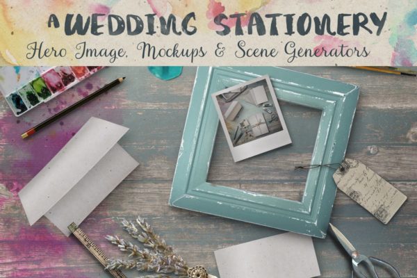 色彩斑斓古朴婚礼巨无霸场景样机设计模板 Wedding Stationery Hero Image