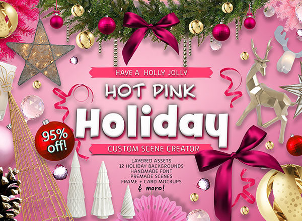 粉红色的新年圣诞节欢乐氛围场景样机设计模板展示模板mockups