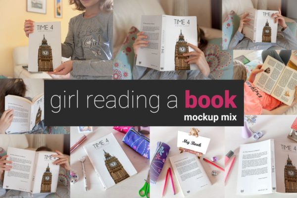 儿童图书阅读场景样机设计模板 Girl Reading a Book Mock-up