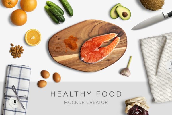 健康食品厨房场景样机设计模板生成器 Healthy Food Mockup Creator