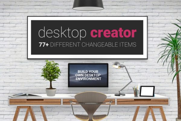 逼真的工作桌面办公场景样机设计模板 Desktop Creator Mockup