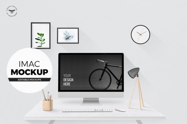 iMac办公桌面场景样机设计模板 iMac mockups with Table