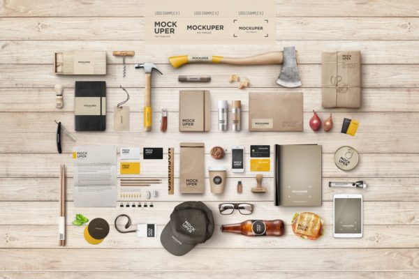 木制工艺品品牌等距场景样机设计模板 Brutal Wood Branding Mock-Up (PSD)