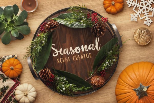 万圣节/感恩节/圣诞节场景样机设计模板素材包v1 Seasonal Scene Creator Volume 1