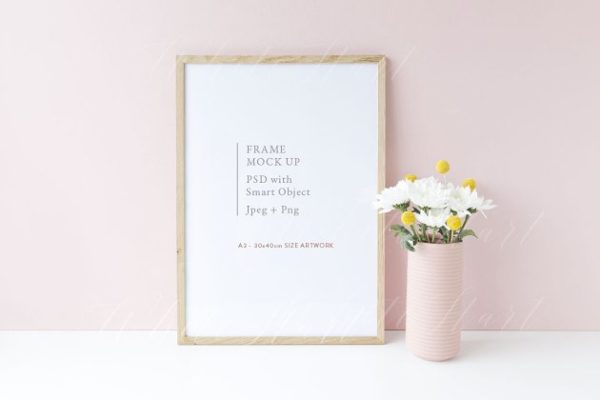现代简约白色画框相框样机设计模板素材 Wooden frame mock up – 30x40cm