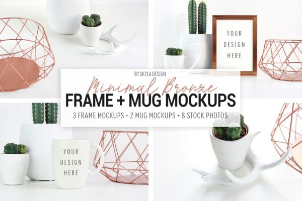 现代画框&马克杯样机 Minimal bronze frame & mug mockup