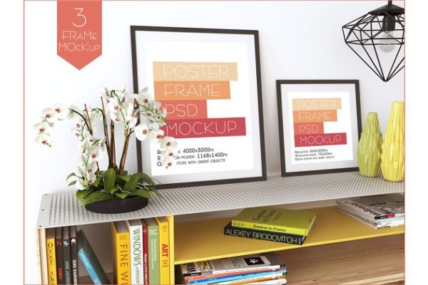 书房画框相框样机设计模板素材 Frame Mockups (3 PSD)