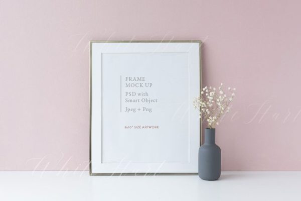 极简主义银色画框相框样机设计模板素材 8×10 golden frame mock up – pink bgd