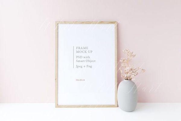 春季系列花木框架样机设计模板素材 Floral wooden frame mock up