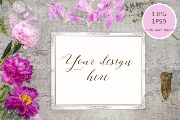 粉红色牡丹花卉装饰银色框架样机设计模板素材 Peony mock up
