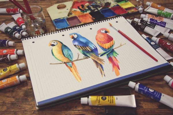 画室创作场景网格笔记本样机设计模板素材v5 Grid Notebook Paint Scene