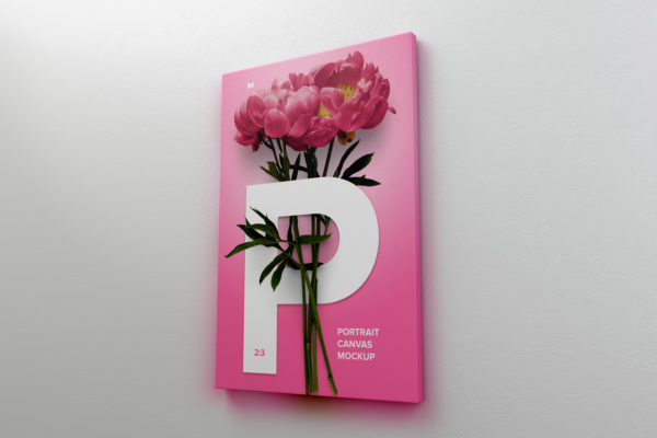 挂墙艺术画像展览画框右视图样机设计模板素材 2:3 Portrait Canvas Mockup Hanging on Wall, Right View