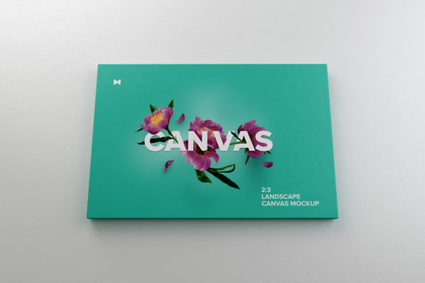 挂墙画布画框相片&绘画作品展览底面视图样机 3:2 Landscape Canvas Mockup Hanging on Wall, Bottom Front View