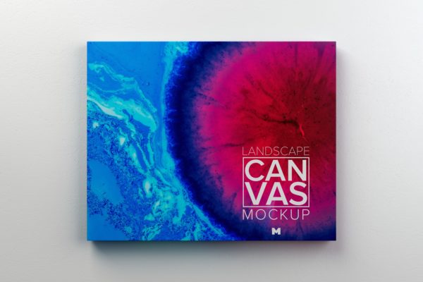 挂墙画布画框前视图样机设计模板素材02 Landscape Canvas Frame Mockup Hanging on Wall in Front View 02