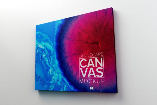 室内帆布画布油画艺术品展览样机02 Landscape Canvas Frame Mockup Hanging on Wall in Perspective 02