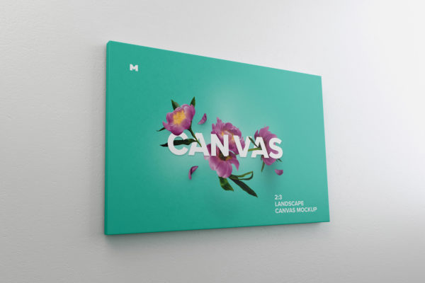 油画艺术作品挂墙帆布画布左视图样机 3:2 Landscape Canvas Mockup Hanging on Wall, Left View